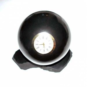 Shungite sphere 100 mm with clock on the rack. Shungite Spheres.